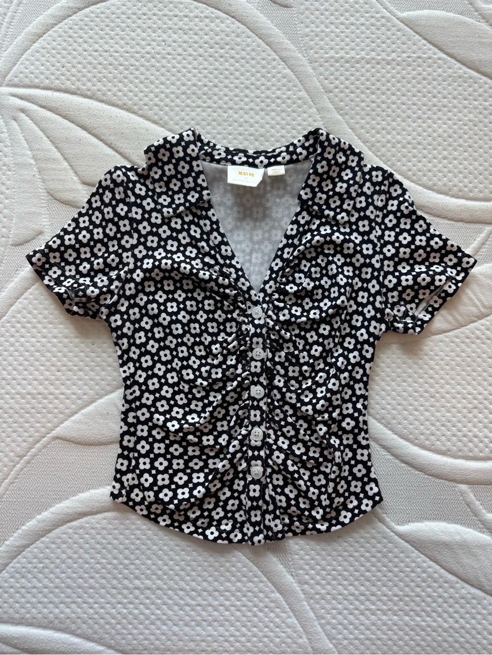 Anthropologie Maeve Black and White Floral Button-Front Shirt Ruched